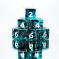 A six piece d6 ttrpg dice set. The dice are transparent teal with black ink tendrils, chunks of silver foil, and bright silver numbers.