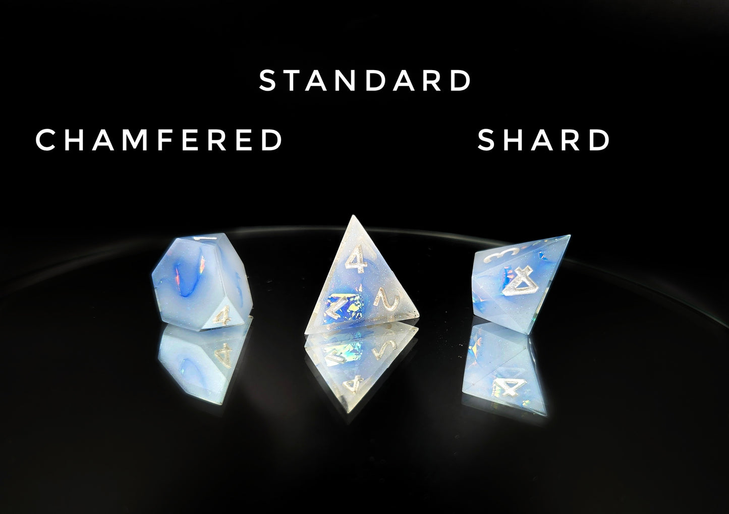 A comparison of different available d4 shapes from a ttrpg dice set. The dice are milky blue-ish white resin and blue/green sparkles with flashes of ice blue mylar peeking out and pearl white numbers. The text on the image reads "chamfered, standard, shard", corresponding to the shapes photographed below them.